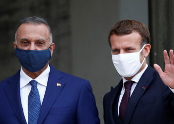 الرئيس الفرنسي، إيمانويل ماكرون، ورئيس الوزراء العراقي، مصطفى الكاظمي.صورة.سبوتنيك