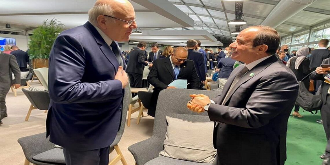 الرئيس المصري عبد الفتاح السيسي، ورئيس الحكومة اللبنانية، نجيب ميقاتي.صورة.الرئاسة المصرية