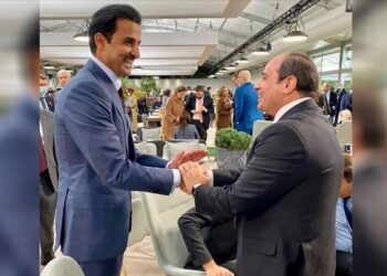 الرئيس المصري عبد الفتاح السيسي، وتميم بن حمد حاكم قطر في قمة المناخ.صورة.AFP