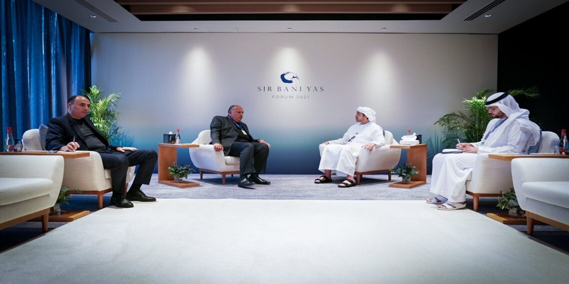 وزير الخارجية المصري، سامح شكري، ونظيره الإماراتي، عبدالله بن زايد، على هامش منتدى صير بني ياس.صورة.تويتر