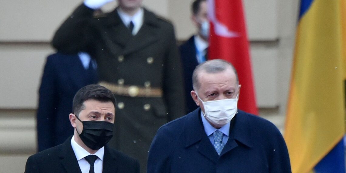 الرئيس التركي، رجب طيب أردوغان، ونظيره الأوكراني، فلاديمير زيلنيكسي.صورة.AFP