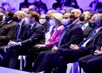 الرئيس المصري عبد الفتاح السيسي، ونظيره الفرنسي إيمانويل ماكرون خلال قمة بريست.صورة.تويتر