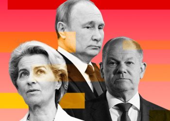 فلاديمير بوتين وأولاف شولتز وأورسولا فون دير لاين. رسم تعبيري.NBC