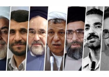 من اليمين إلى اليسار رؤساء إيران بالترتيب الزمني: بني صدر، رجائي، خامنئي، رفسنجاني، خاتمي، أحمدي نجاد، روحاني